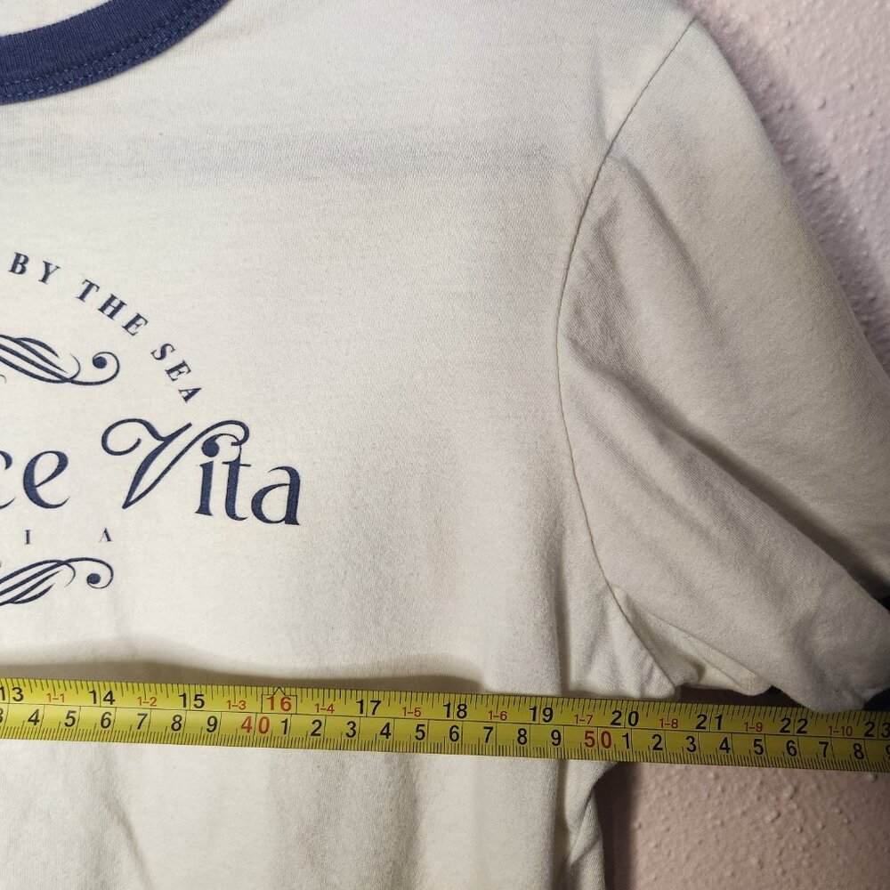 Vintage Inspired Blue and White La Dolce Vita Cropped Ringer Tshirt Size Medium - Picture 5 of 6